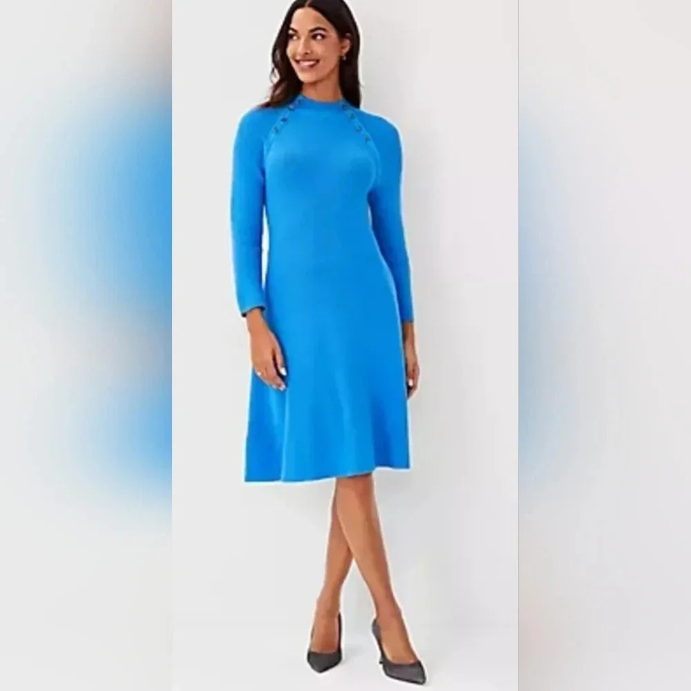 Ann Taylor Blue Button Trim Flare Sweater Dress Size L Office Holiday Party